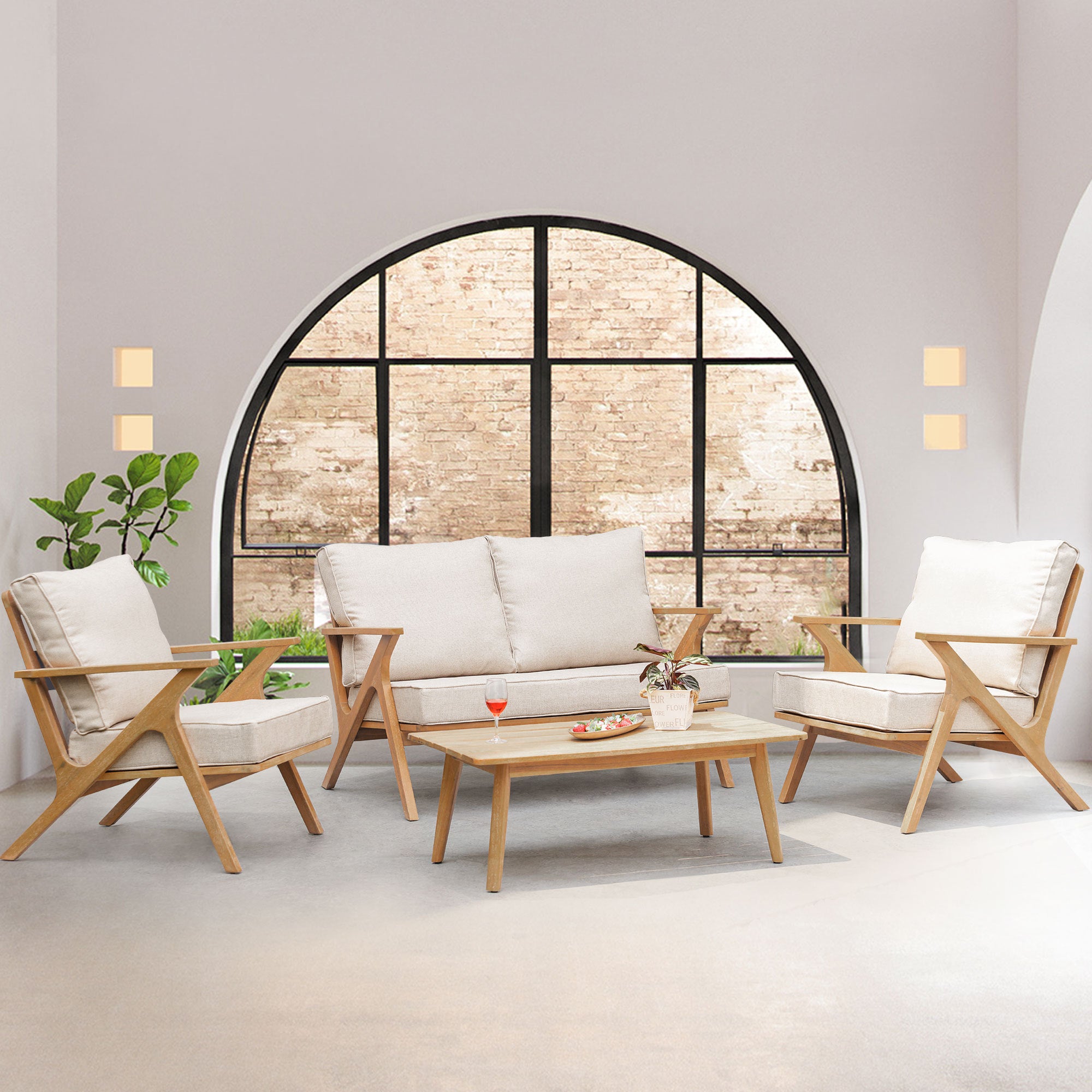 4-Piece Acacia Wood Patio Furniture Set, W/Grey Cushions, Back Pillow & Coffee Table